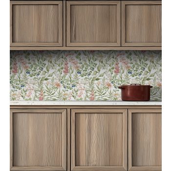 Watercolor botanical tile mural with green leaves, pink and white flowers, and small berries