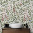 Watercolor botanical tile mural with green leaves, pink and white flowers, and small berries