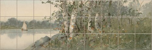 Ceramic tile mural with river, birch trees, wildflowers, and a sailboat