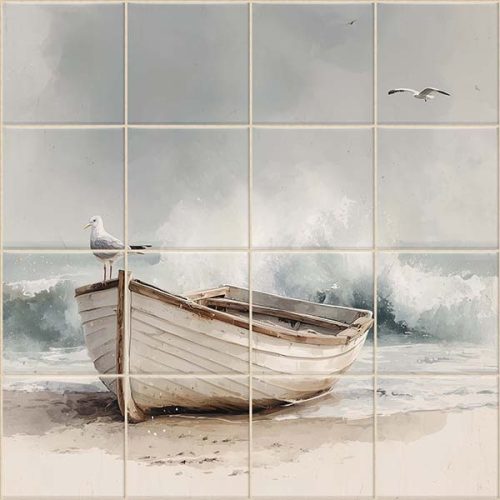 Coastal decorative tile mural with boat, seagulls, and gentle sea waves