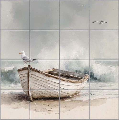 Coastal decorative tile mural with boat, seagulls, and gentle sea waves