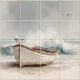 Coastal decorative tile mural with boat, seagulls, and gentle sea waves