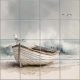 Coastal decorative tile mural with boat, seagulls, and gentle sea waves