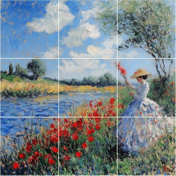 Ceramic tile mural showing a romantic riverside scene with poppies, blue sky, and a lady in a hat Ceramic tile mural showing a romantic riverside scene with poppies, blue sky, and a lady in a hat