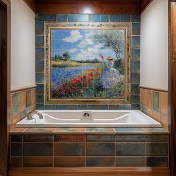 Ceramic tile mural showing a romantic riverside scene with poppies, blue sky, and a lady in a hat