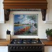 Ceramic tile mural showing a romantic riverside scene with poppies, blue sky, and a lady in a hat