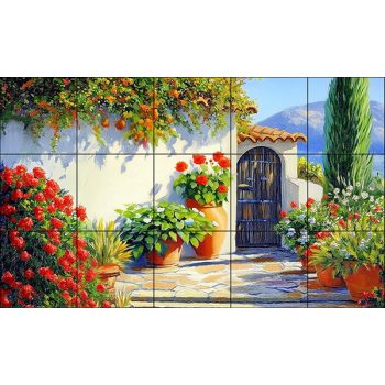 Mediterranean terrace with potted flowers, white wall and rustic wooden gate Mediterranean terrace with potted flowers, white wall and rustic wooden gate