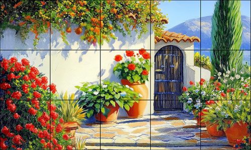 ceramic tile mural with mediterranean terrace and floral background