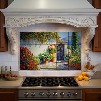Mediterranean terrace with potted flowers, white wall and rustic wooden gate