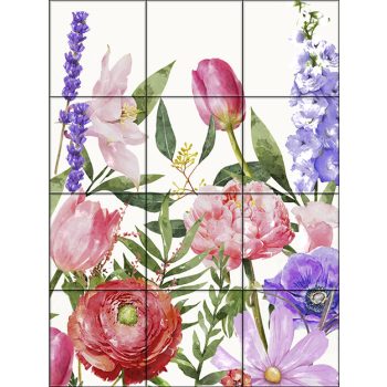 Akvarell stílusú csempekép tulipánnal, bazsarózsával, levendulával és más virágokkal