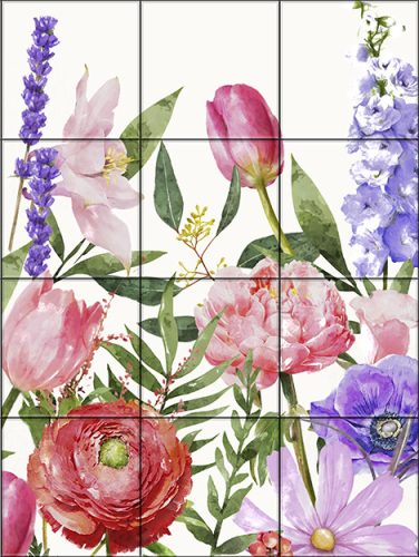 Akvarell stílusú csempekép tulipánnal, bazsarózsával, levendulával és más virágokkal