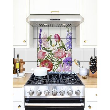 Akvarell stílusú csempekép tulipánnal, bazsarózsával, levendulával és más virágokkal