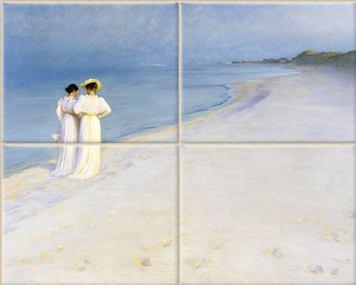 Ceramic tile mural with two women walking on Skagen beach at sunset