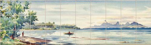Fisherman in boat on tropical bay with palm trees and mountains ceramic tile mural