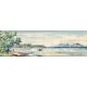Fisherman in boat on tropical bay with palm trees and mountains ceramic tile mural