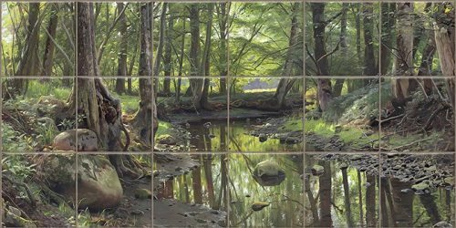 Ceramic tile mural with forest creek, rocks and trees