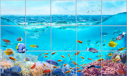 Tile mural with tropical fish and coral reef in the blue ocean
