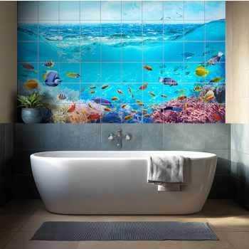 Tile mural with tropical fish and coral reef in the blue ocean