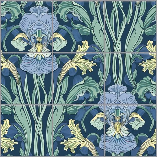 Ceramic tile mural with art nouveau iris flowers 