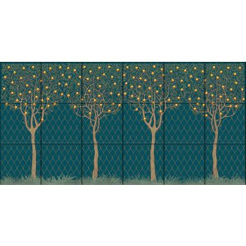 Minimalist-style ceramic tile mural featuring four stylized orange trees with a dark green trellis background Minimalist-style ceramic tile mural featuring four stylized orange trees with a dark green trellis background