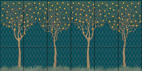 Minimalist-style ceramic tile mural featuring four stylized orange trees with a dark green trellis background