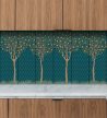 Minimalist-style ceramic tile mural featuring four stylized orange trees with a dark green trellis background