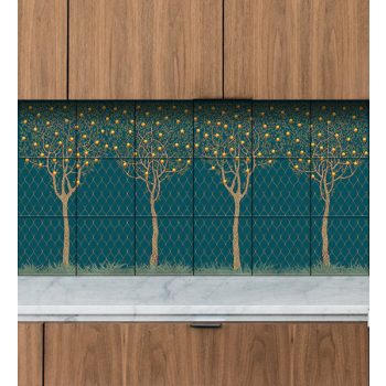 Minimalist-style ceramic tile mural featuring four stylized orange trees with a dark green trellis background