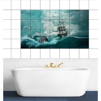 Ceramic tile mural of a sailing ship in a stormy sea with dark clouds and dramatic waves