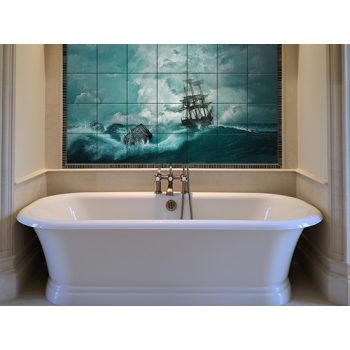 Ceramic tile mural of a sailing ship in a stormy sea with dark clouds and dramatic waves