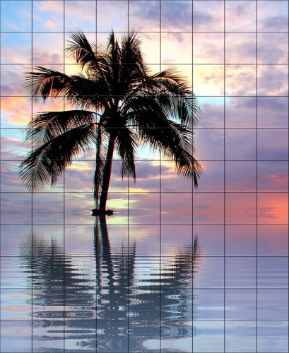 Tile mural - Beach and palm tree in the sunset