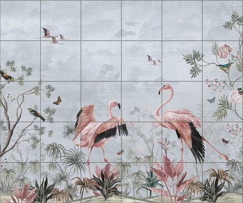 Flamingos and tropical birds among pastel plants – elegant tile mural