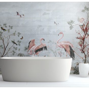 Flamingos and tropical birds among pastel plants – elegant tile mural