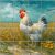 Tile mural with white hen in a wildflower meadow under blue sky