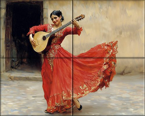 Expressive tile mural featuring a flamenco dancer in a vibrant red dress, passionately playing a Spanish guitar.
