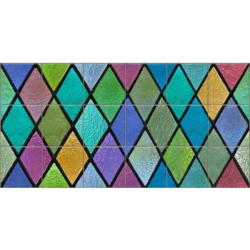 Ceramic tile mural with colorful stained glass style pattern