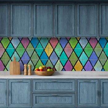 Kitchen tile mural with colorful stained glass style pattern