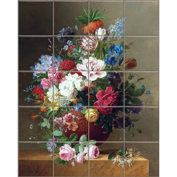 Csempekép színes virágcsokorral díszes vázában