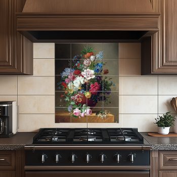 Tile mural with colorful bouquet of flowers in a vase