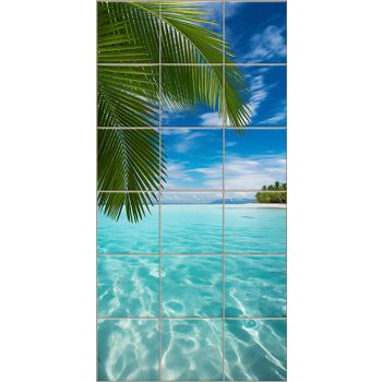 Palm leaf over turquoise lagoon – tropical tile mural Palm leaf over turquoise lagoon – tropical tile mural