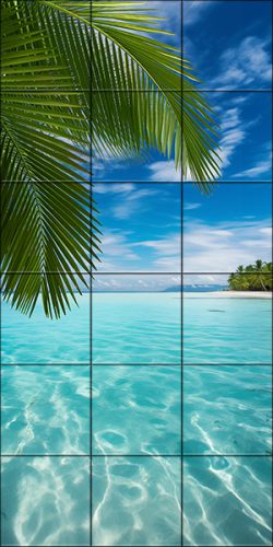 Palm leaf over turquoise lagoon – tropical tile mural