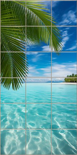 Palm leaf over turquoise lagoon – tropical tile mural