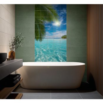 Palm leaf over turquoise lagoon – tropical tile mural