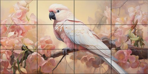 Pink cockatoo on flowering branch – romantic nature-inspired tile mural