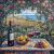 Impressionist ceramic tile mural with mediterranean landscape with rose arch, red wine bottle, fruit basket, grapes, and vineyards overlooking the sea