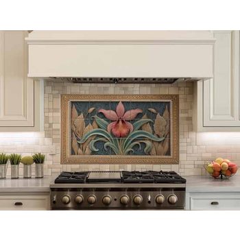 orchid ceramic tile mural with decorative leaves