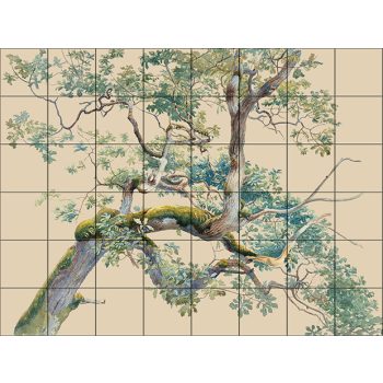 Botanical ceramic tile mural with tree branches and green leaves Botanical ceramic tile mural with tree branches and green leaves