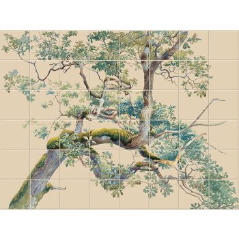 Botanical ceramic tile mural with tree branches and green leaves