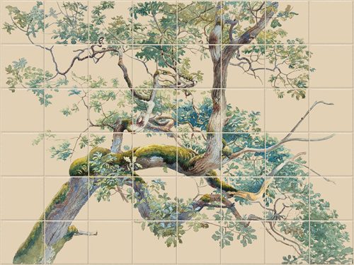 Botanical ceramic tile mural with tree branches and green leaves