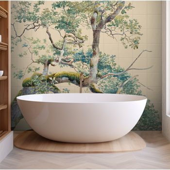 Botanical ceramic tile mural with tree branches and green leaves