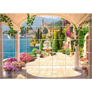 ceramic tile with mediterranean terrace landscape and fountain